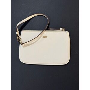 DKNY Cream Wristlet Clutch Zip Pouch Removable Strap